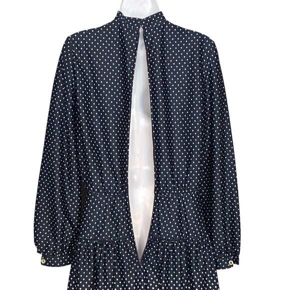 Vintage 70s R&K Knits Midi Dress Navy Blue Retro Scarf Neck Long Sleeve Sz Small - Picture 10 of 10